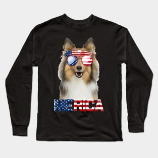 Merica Sheltie Dog American Flag 4Th Of July Long Sleeve T-Shirt